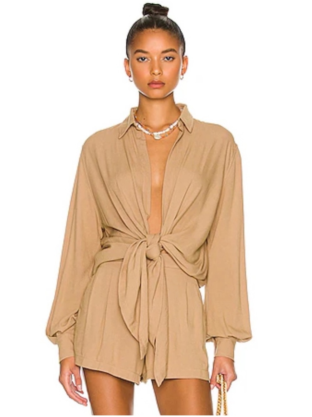 Indah Tilda Solid Mocha Tie Front Long Sleeve Shirt XS